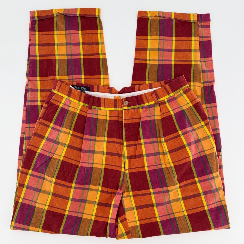 GENERRA COLLECTION Vintage Men's Madras Plaid Cotton Pants Size 34 Cuffed